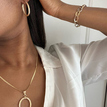 Tricolor Oval Huggie Hoop Earring & Pendant Set in 18k Gold
