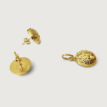 Geometric Textured Stud Earrings & Pendant Set in 18k Gold