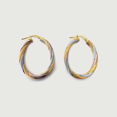 Tricolor Oval Huggie Hoop Earring & Pendant Set in 18k Gold