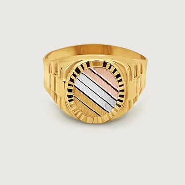 Tricolor Round Face Signet Ring in 18k Gold