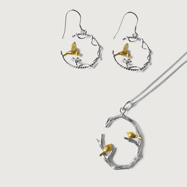 Natura Friendly Bird Drop Earring & Pendant Set in Sterling Silver