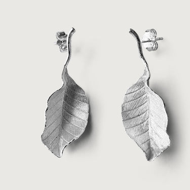 Autumn Long Leaf Stud Earrings in Sterling Silver