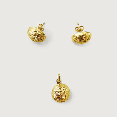 Geometric Textured Stud Earrings & Pendant Set in 18k Gold