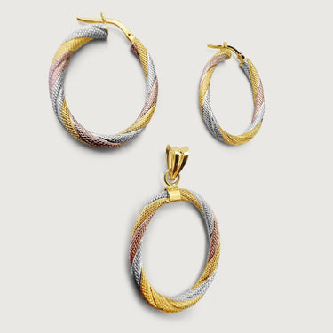 Tricolor Oval Huggie Hoop Earring & Pendant Set in 18k Gold