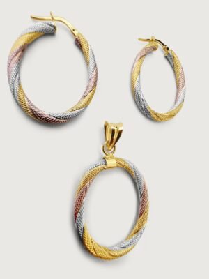 Tricolor Oval Huggie Hoop Earring & Pendant Set in 18k Gold