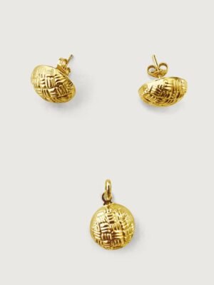 Geometric Textured Stud Earrings & Pendant Set in 18k Gold